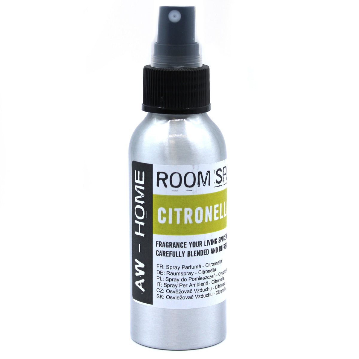 100ml Room Spray, Citronella in a silver bottle with a black spray top and green label, front view