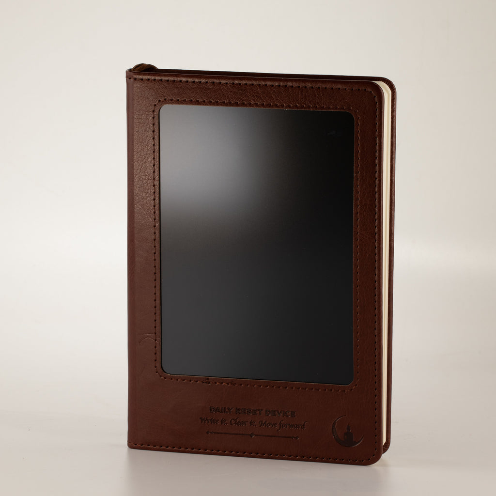 Front cover and blank screen of the brown notebook