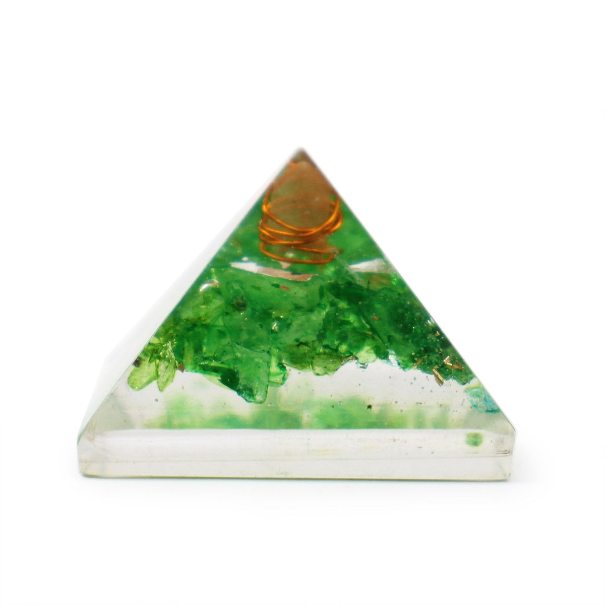 Sm Orgonite Pyramid 25mm Gemchips and Copper, green chips and copper coil in a clear pyramid