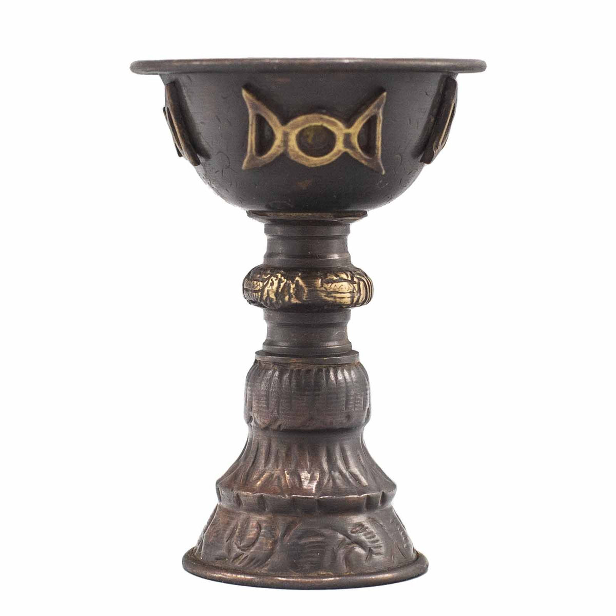 Antique Copper Ritual Goblet with Triple Moon, full front view showing its dark finish and gold-coloured symbol