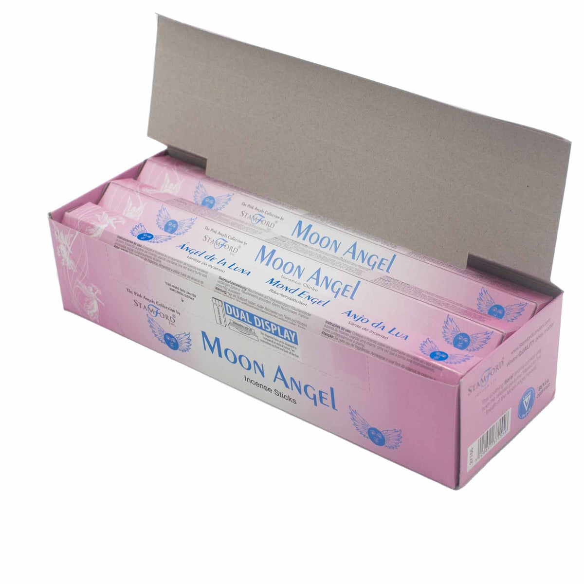 Moon Incense Sticks in a pink Moon Angel display box with the lid open and packets inside