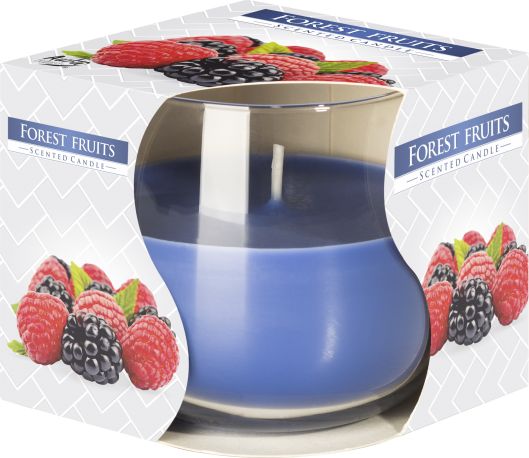 Scented Glass Jar Candle, Forest Fruits, blue glass jar in an open fruit-printed box