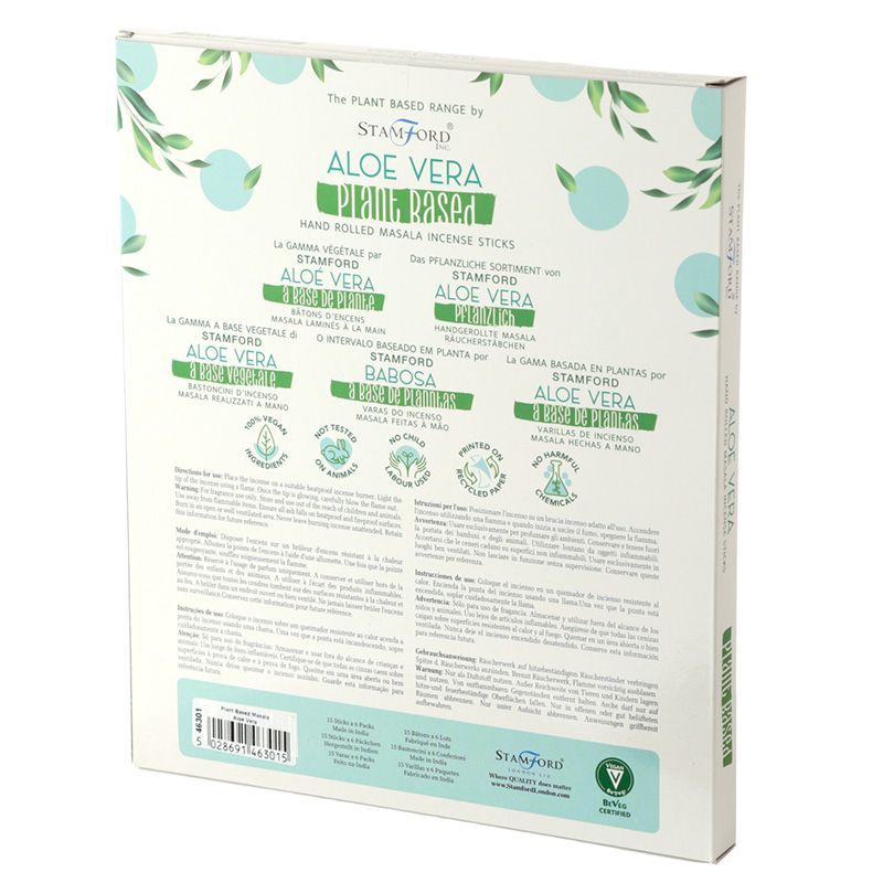 Plant Based Masala Incense Sticks, Aloe Vera, back of the cream and green box with product text
