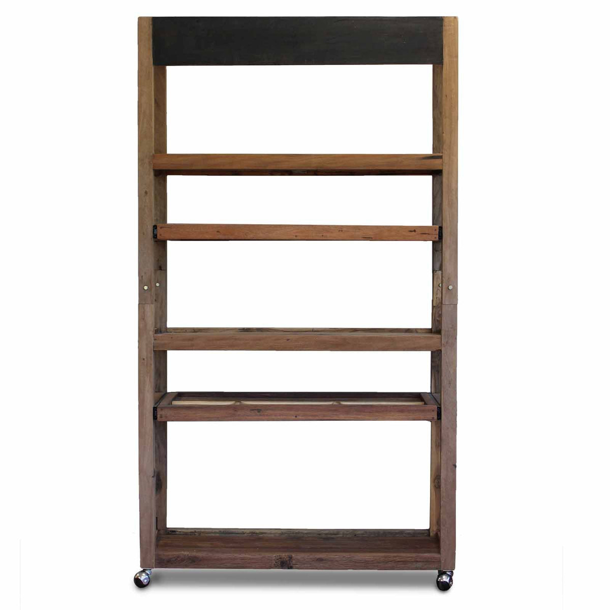 Soap display rack, full front view of the brown wooden shelving unit on castors against white