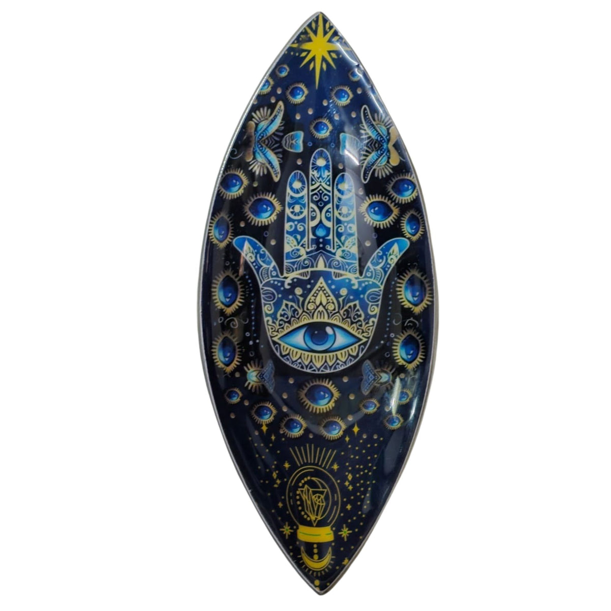 Enamel Incense Bowl, Aluminum, Blue Hamsa, pointed oval shape with a blue and gold hand design
