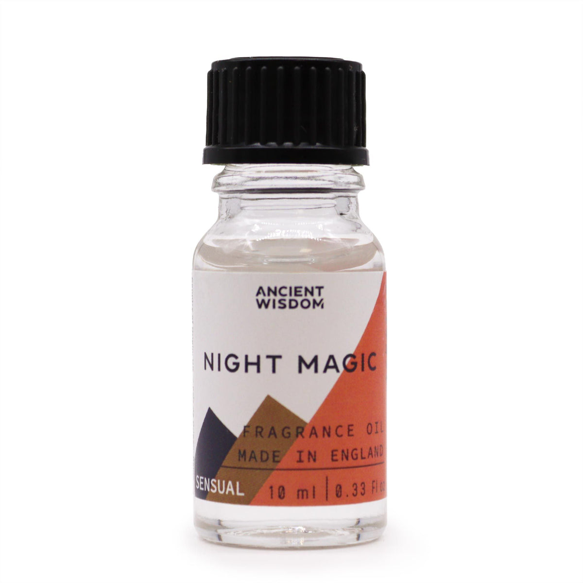 10ml Night Magic Fragrance Oil in a clear bottle with a black cap, shown front on