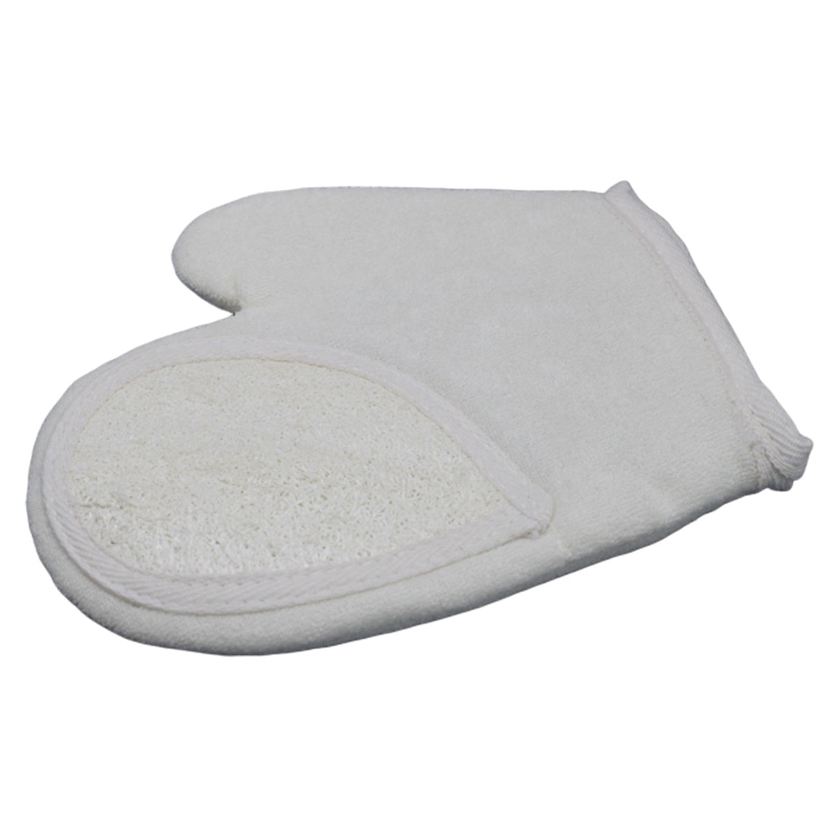Loofah glove shown alone against a white background, with the textured scrub panel facing up