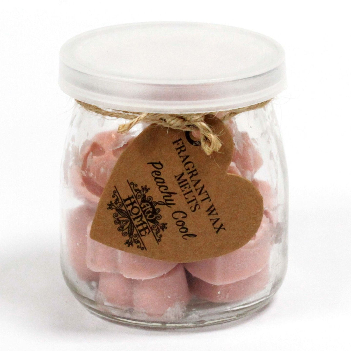 Peachy Cool pink melts in a closed glass jar with a white lid and brown heart-shaped tag