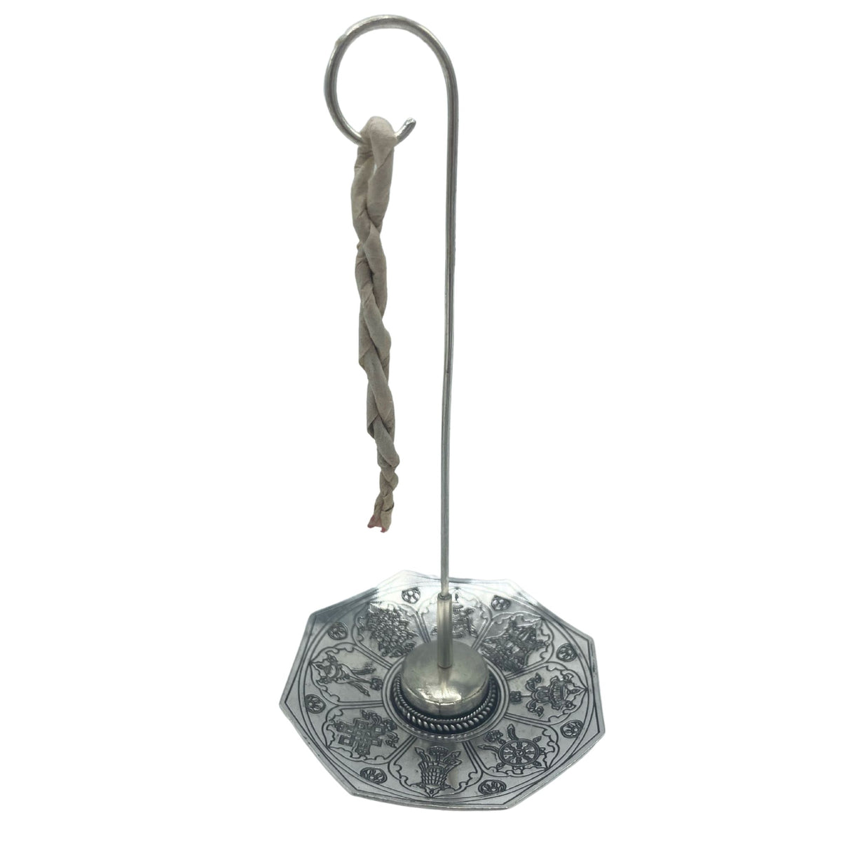 Engraved silver plated Astamangal holder and hanging rope incense shown alone against a white background