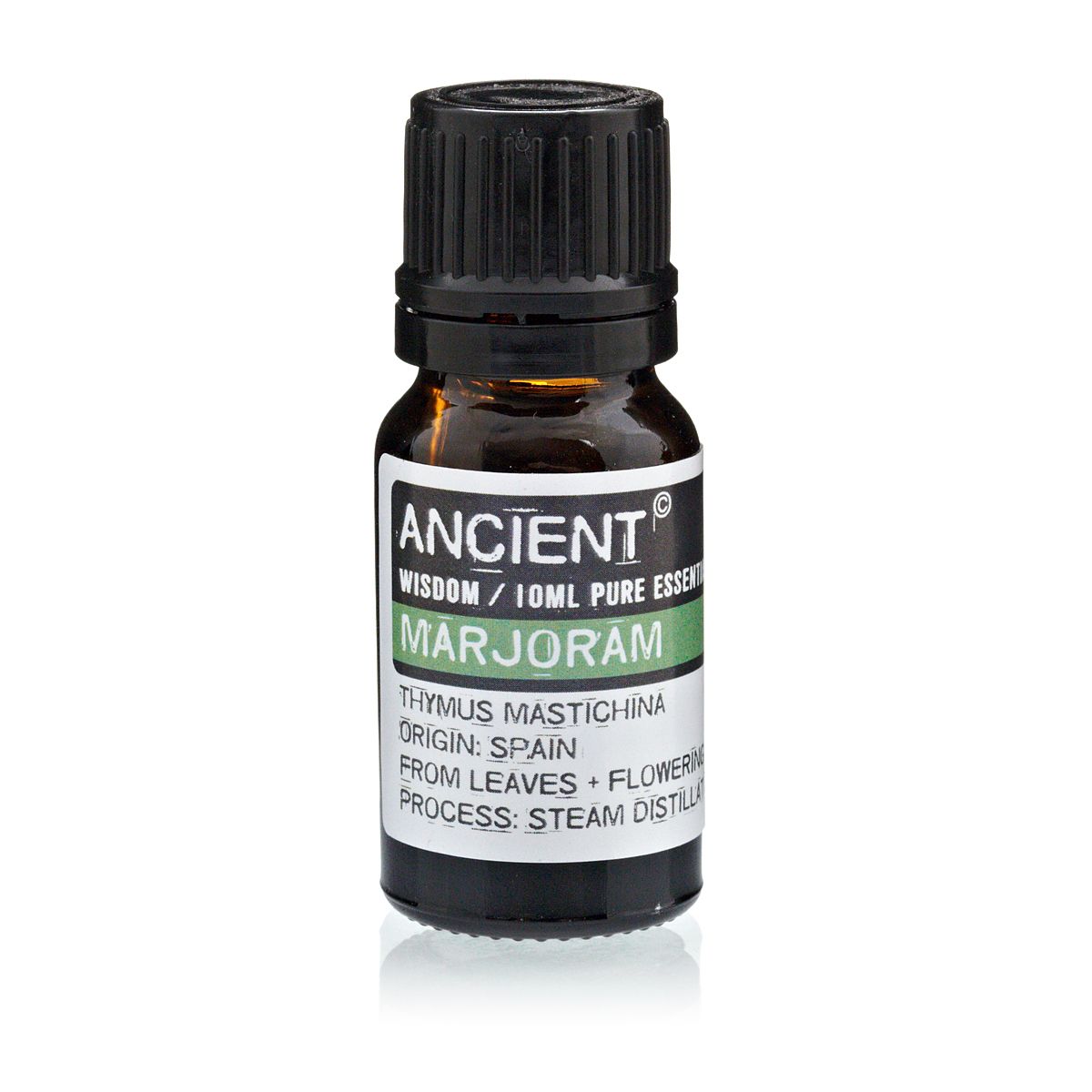 10 ml Marjoram Spanish Essential Oil in a dark glass bottle with a black cap, shown from the front