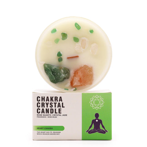 Heart Chakra Crystal Candle with rose quartz and crystal jade on top, standing above its box