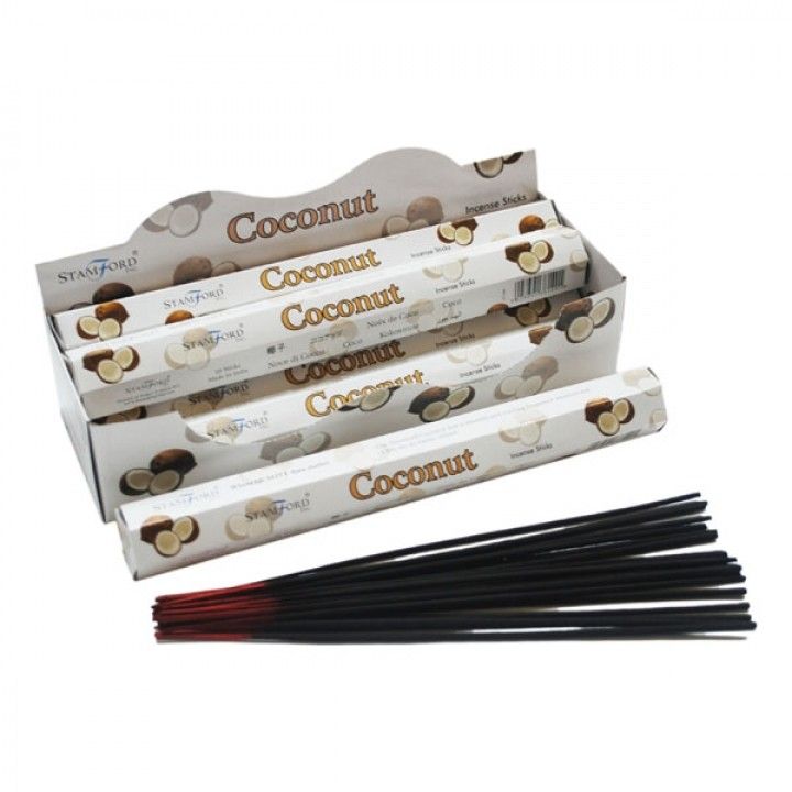 Coconut Premium Incense in white Stamford boxes, with black incense sticks arranged in front