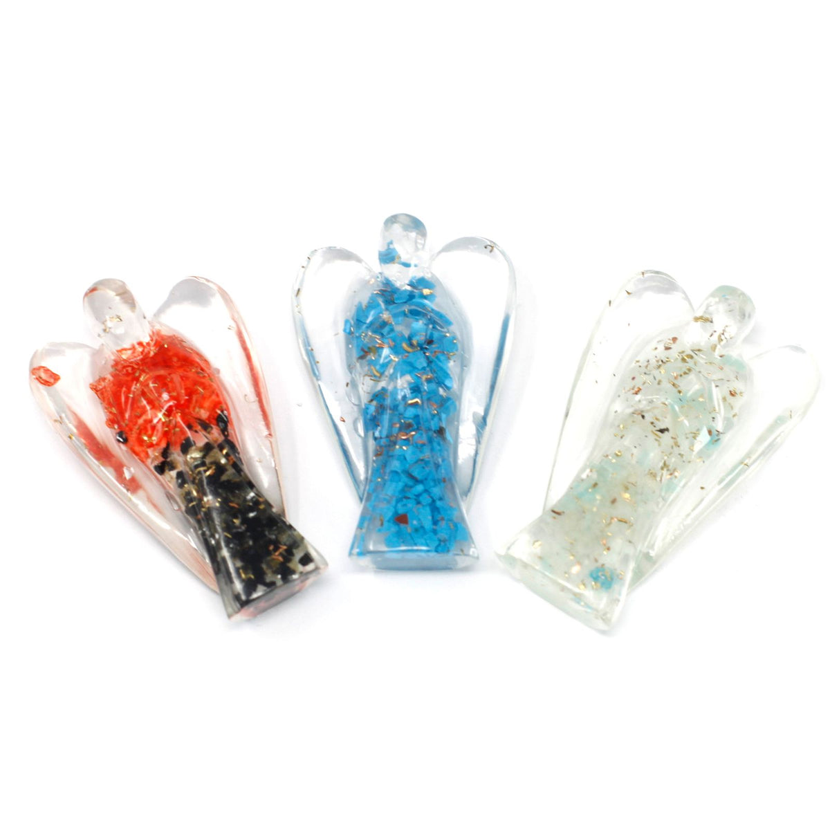 Orgonite Angel 50mm, Gemchips & Copper, three clear angel figures with red, blue and pale gemchips