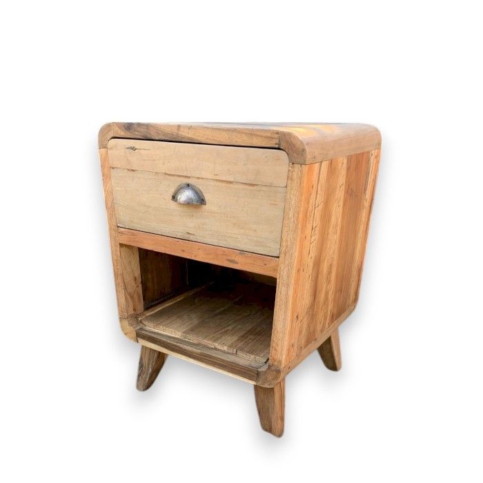 Bedside Table, Round One Draw, Recycled Wood, light brown with one drawer and open shelf, shown from the front