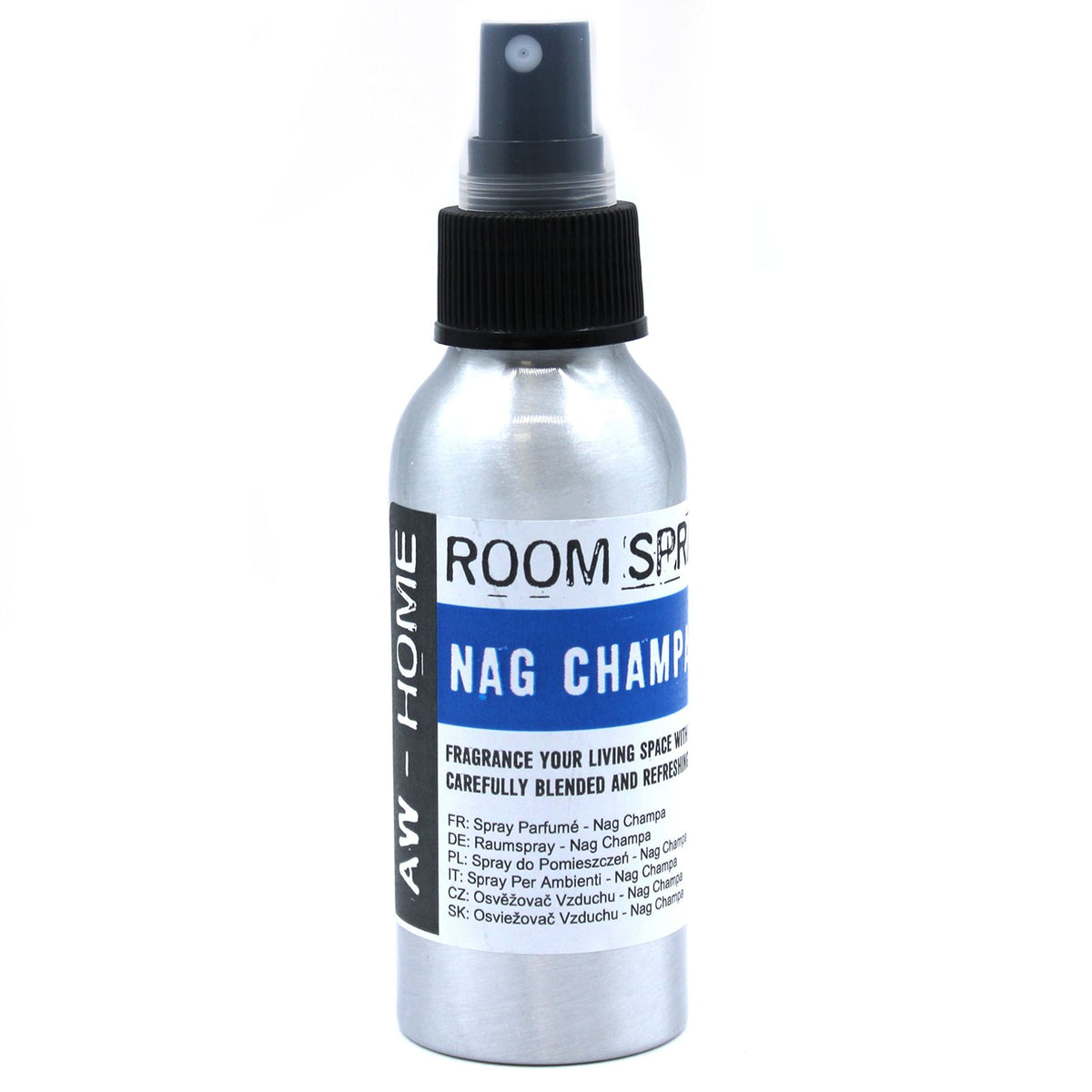 100ml Room Spray, Nag Champa in a silver bottle with a black spray top, shown from the front