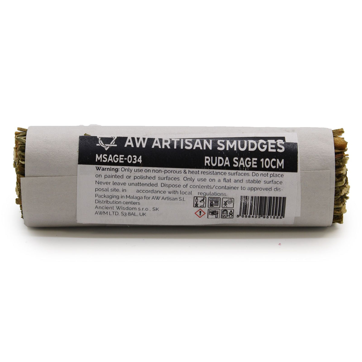Smudge Stick, Ruda Sage 10cm in white wrapping, shown from the back with its product label facing up