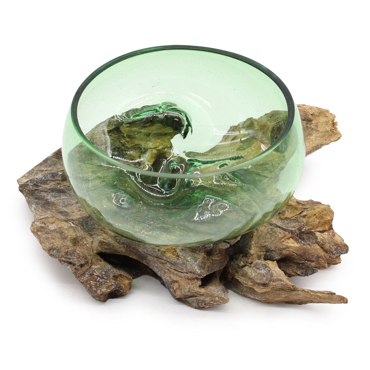 Recycled Beer Bottles, Lrg Wide Bowl on Wood, pale green glass bowl viewed from above on wood