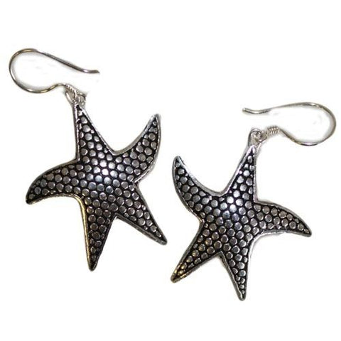 Silver Earrings, Star Fish, pair of patterned silver starfish earrings on a white background