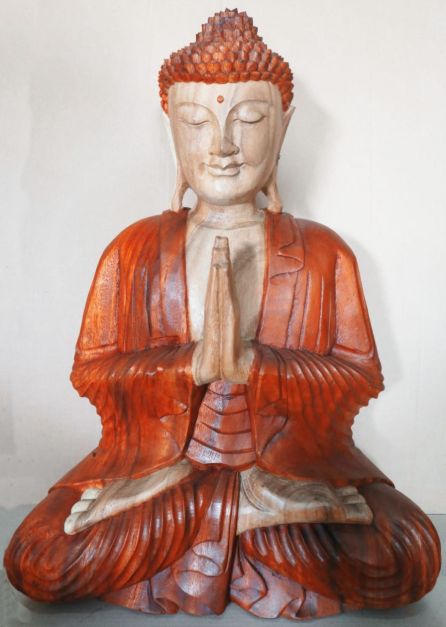 Hand Carved Buddha Statue, 60cm Welcome, seated front view in reddish brown and pale wood tones