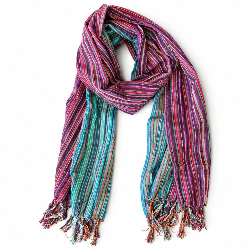 Nomad Sari Last Flight Home scarf with purple and turquoise-blue stripes