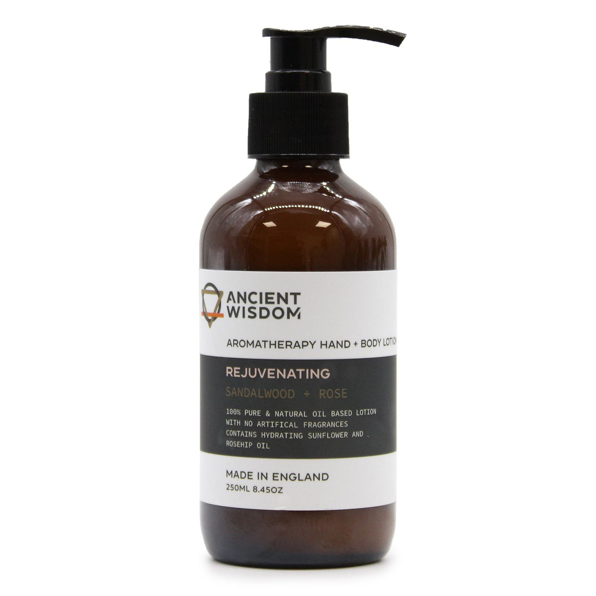 Sandalwood & Rose lotion in a single amber pump bottle, front label visible against white
