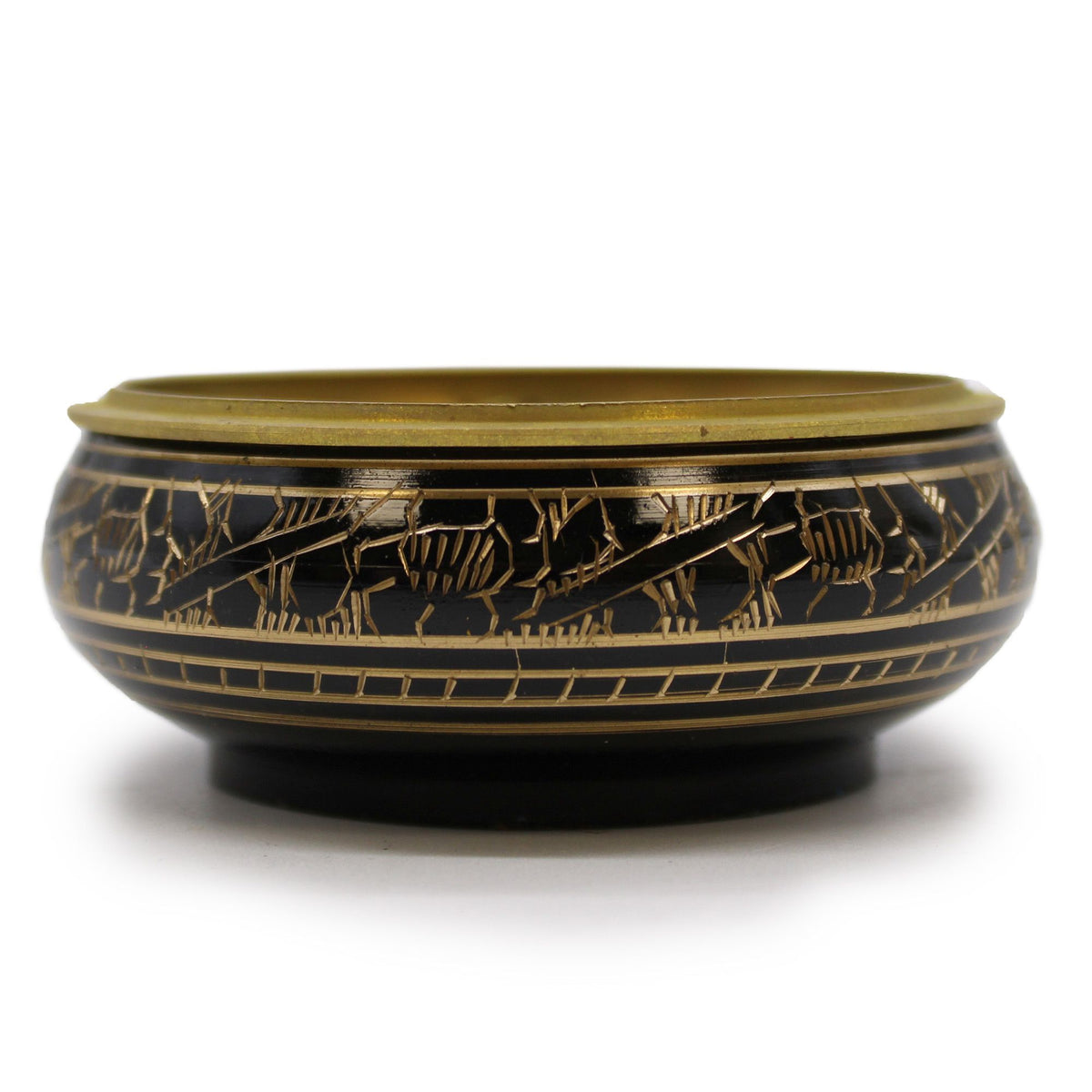 Brass Carved Charcoal Incense Jar, black and brass bowl shown from the side against a white background