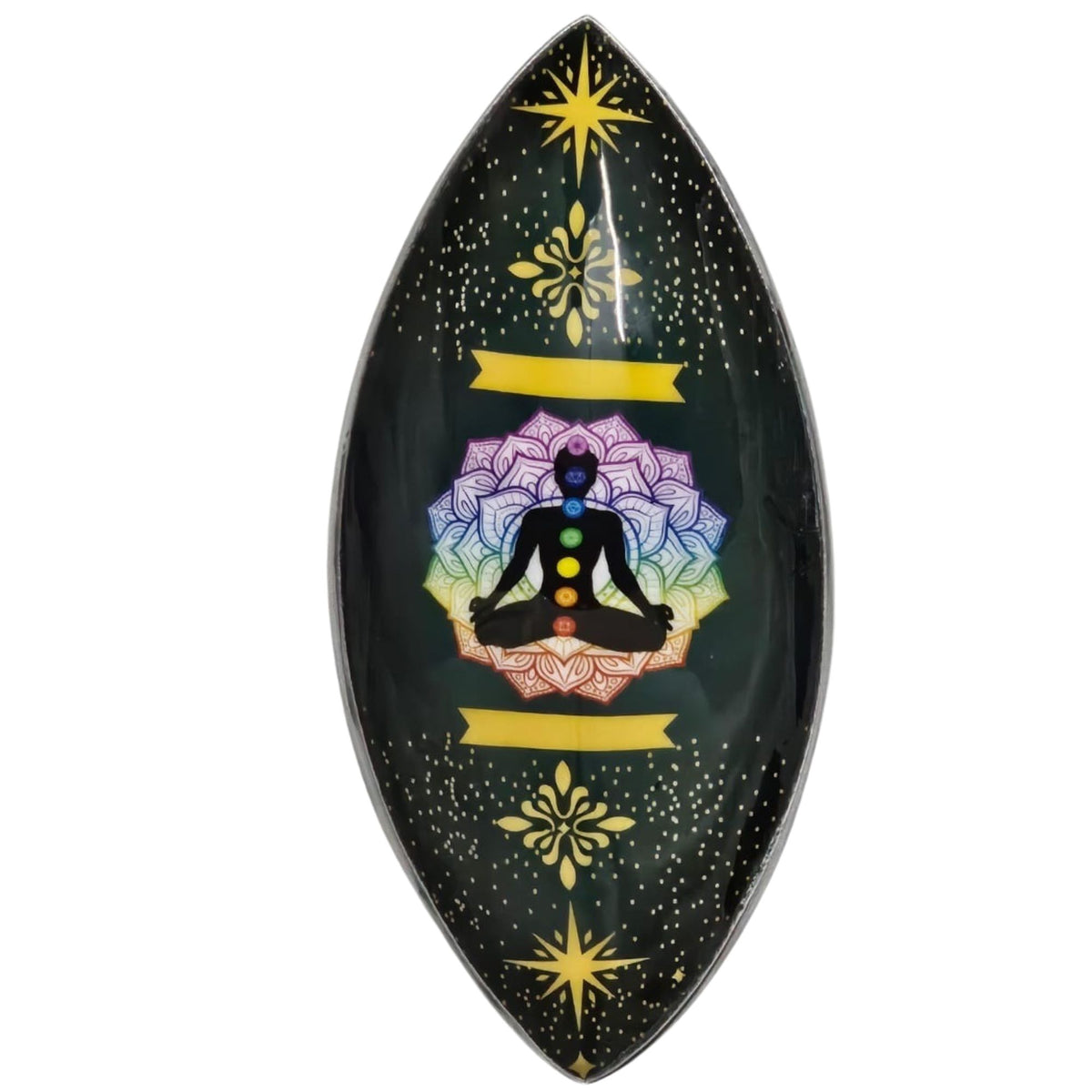 Enamelled Incense Bowl, Aluminum, Lotus Buddha Chakra, black leaf-shaped bowl with a colourful seated figure