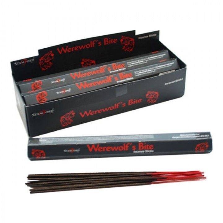 Werewolf's Bite Incense Sticks in black packaging, with the open box and red-tipped sticks displayed