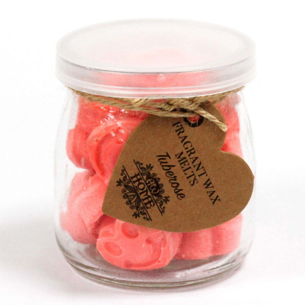 Soywax Melts Jar, Tuberose, clear lidded jar filled with coral heart-shaped melts and a brown tag