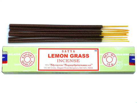 Satya Incense 15gm, Lemongrass, brown sticks above a slim green box with its front label facing forward