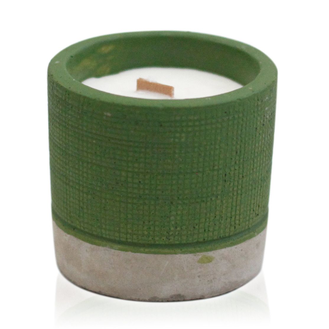Unlit green and grey candle shown from the front, with white wax and a wooden wick