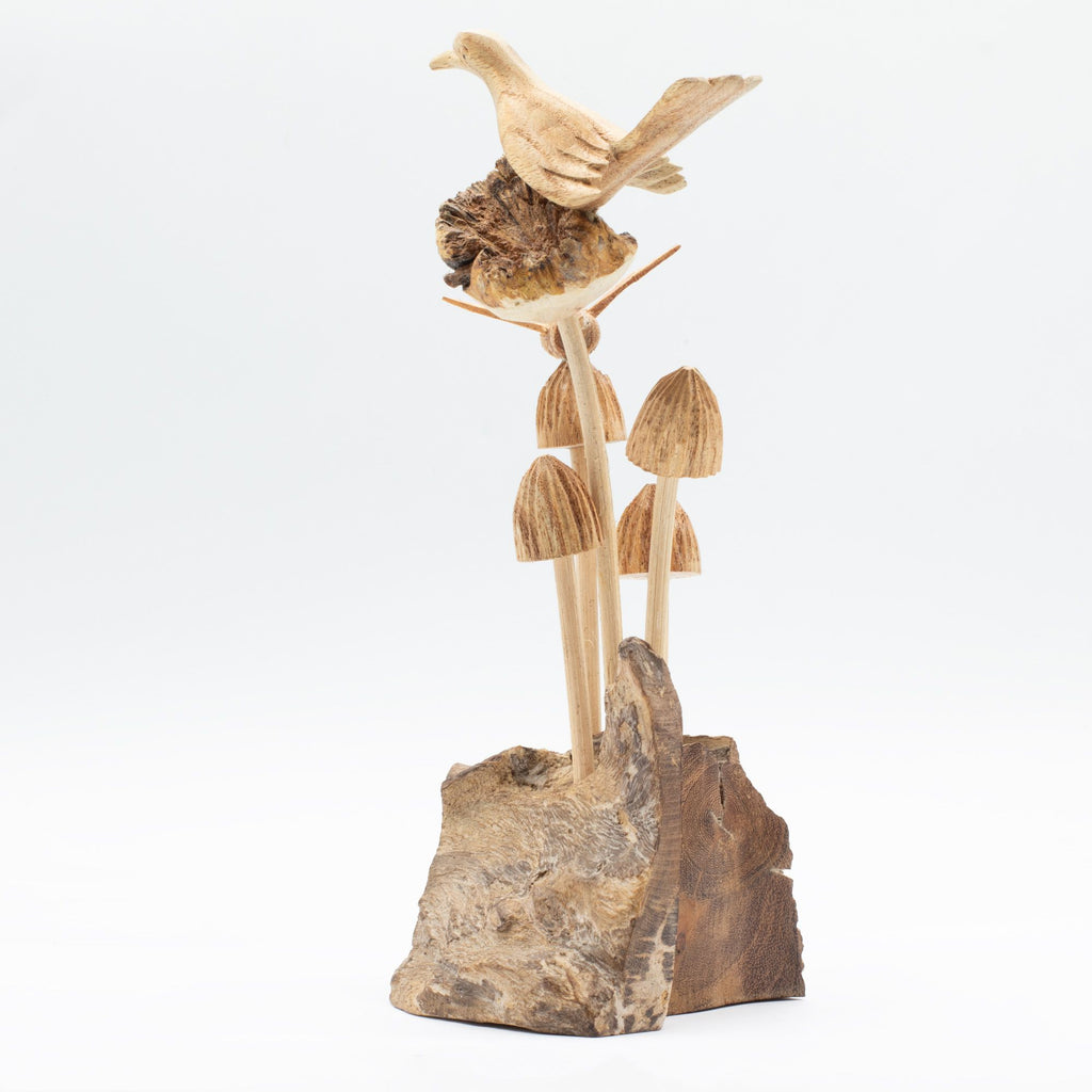Handmade Parasite Wood Art Carving - Bird & Bee on Mushrooms