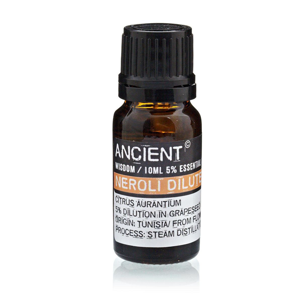 10 ml Neroli Dilute Essential Oil in an amber glass bottle with a black cap, label facing forwards