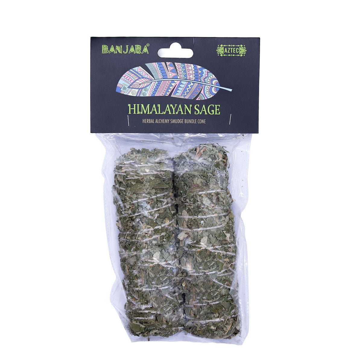 Banjara Smudge, Indian Sage in a clear packet with a dark Himalayan Sage header, shown from the front