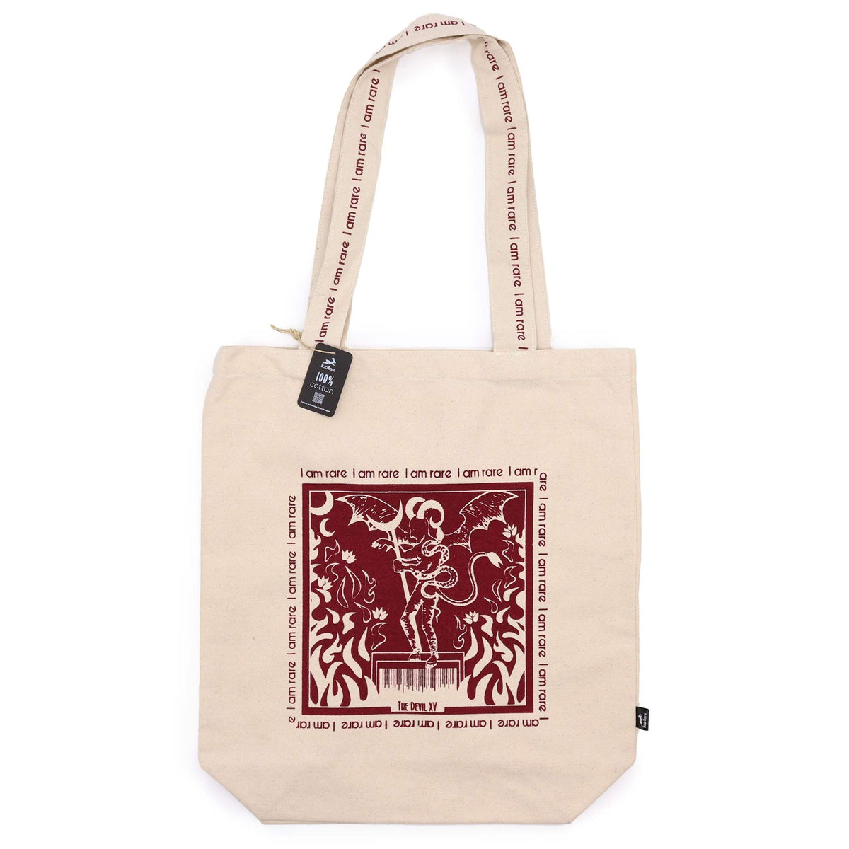 Hop Hare I Am Rare tote bag in cream cotton canvas with a dark red Devil tarot print