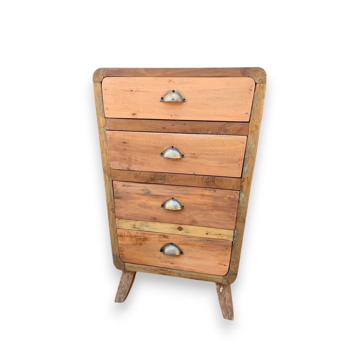 Recycled wood four-drawer storage cabinet shown alone from the front against a white background