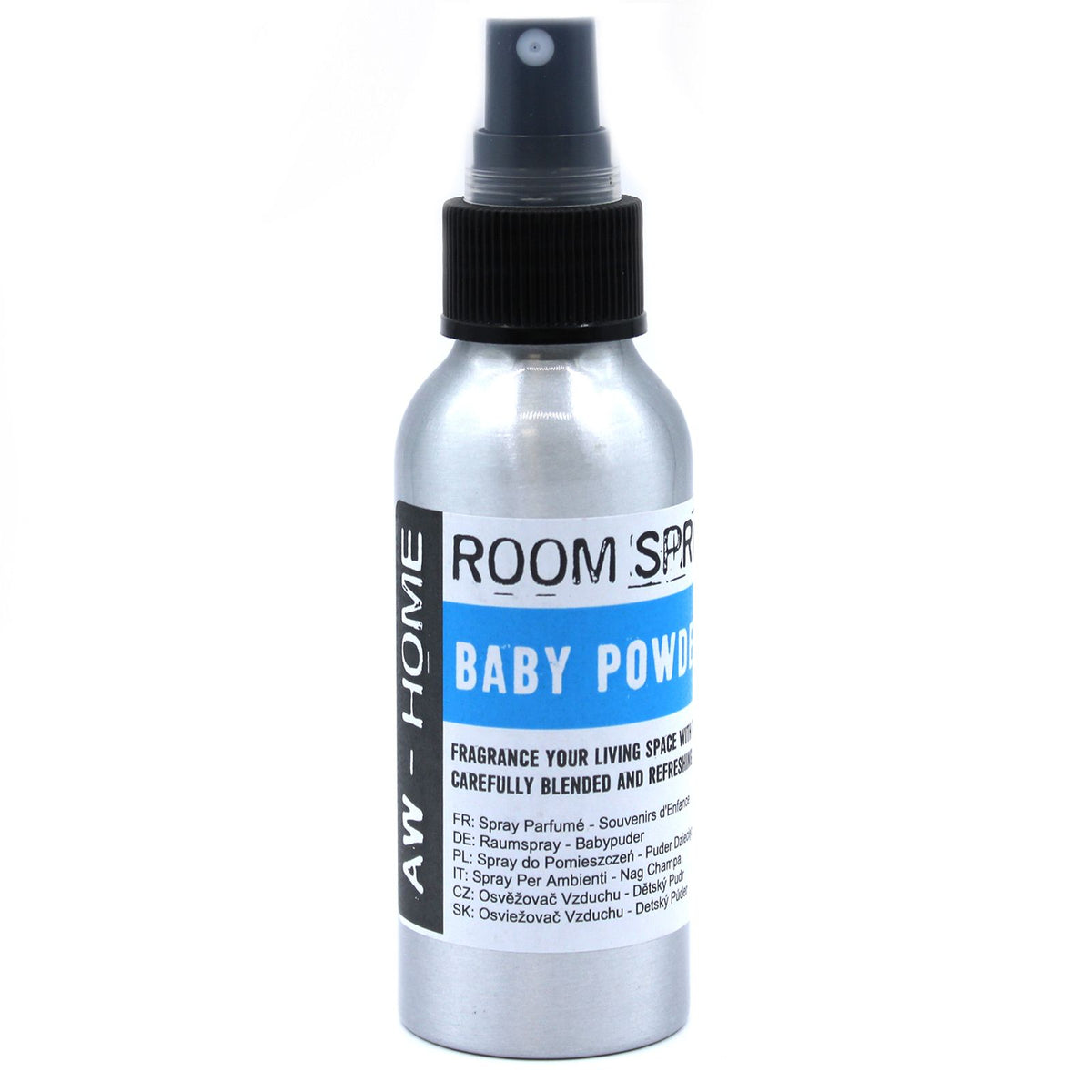100ml Room Spray, Baby Powder in a silver bottle with a black spray top, shown from the front