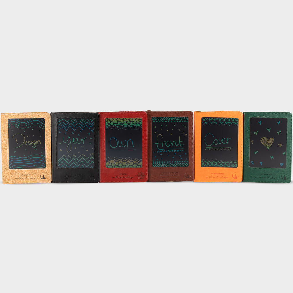 Six notebooks with different coloured covers and screen designs