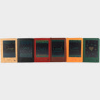 Six notebooks with different coloured covers and screen designs