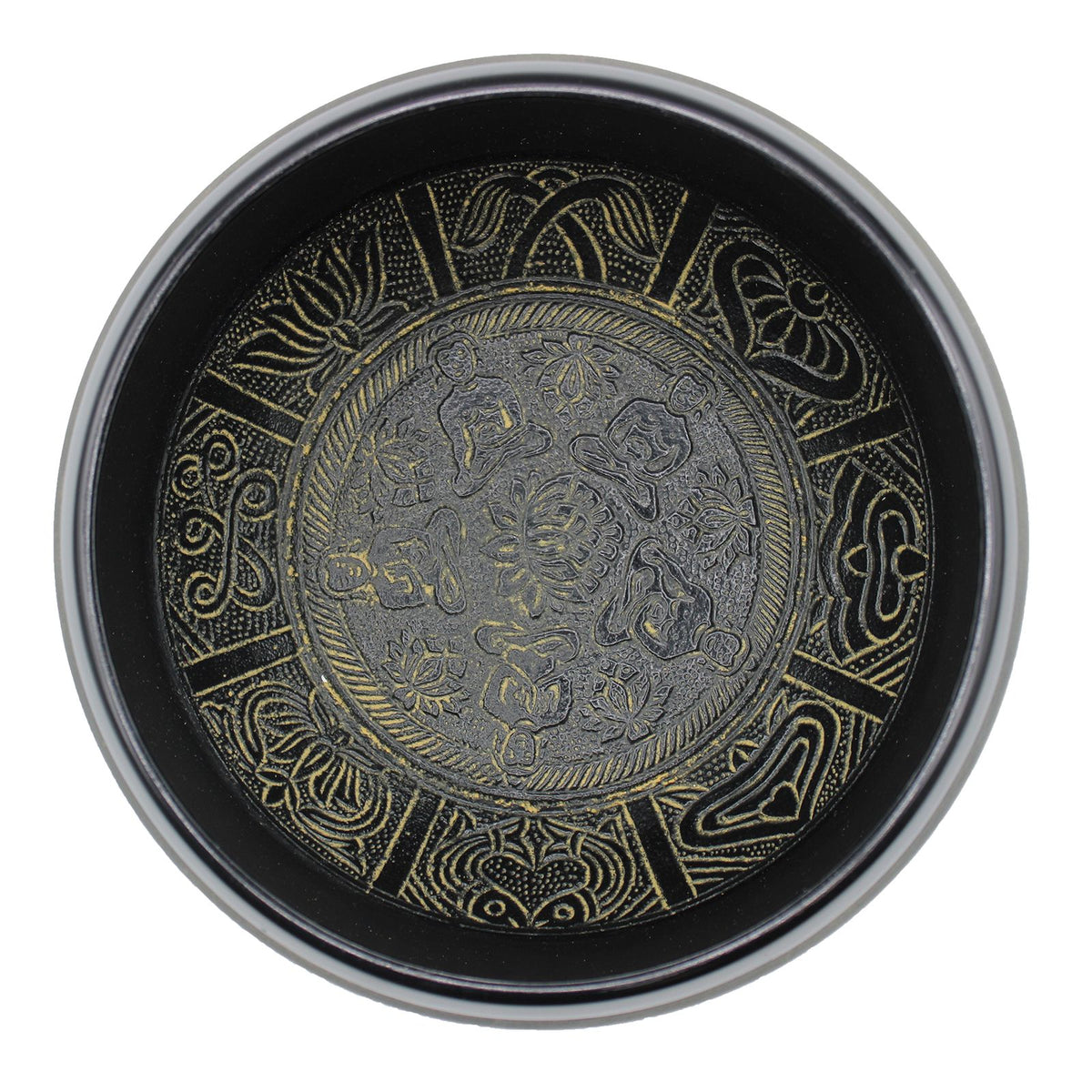 Extra Loud, Singing Bowl, Five Buddha, viewed from above with a black and gold engraved interior