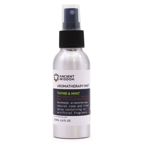 Aromatherapy Thyme and Mint mist bottle, front label view on a plain background