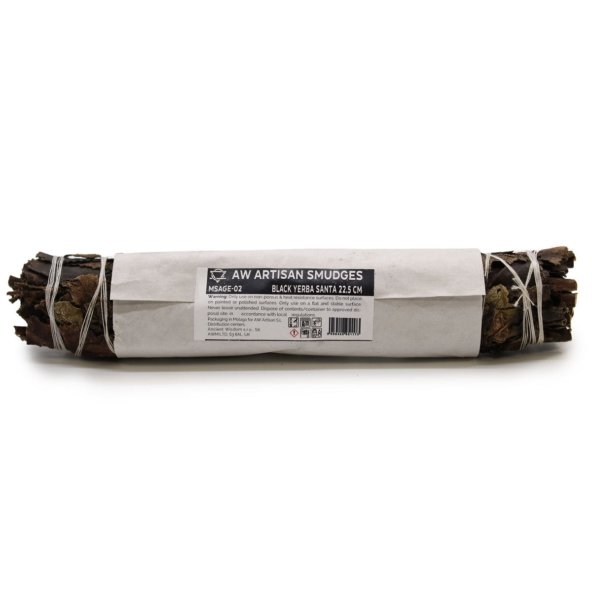Smudge Stick, Black Sage 22.5 cm, wrapped in white paper with a label and dark leaves showing at each end