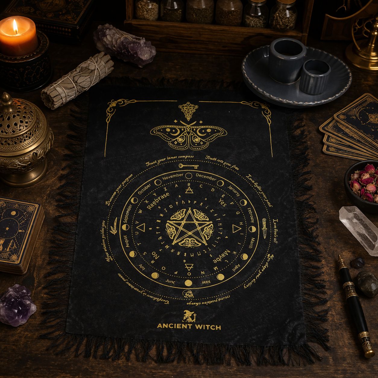Ancient Witch Pendulum Divination Cloth - Mystic Moth - Black & Gold