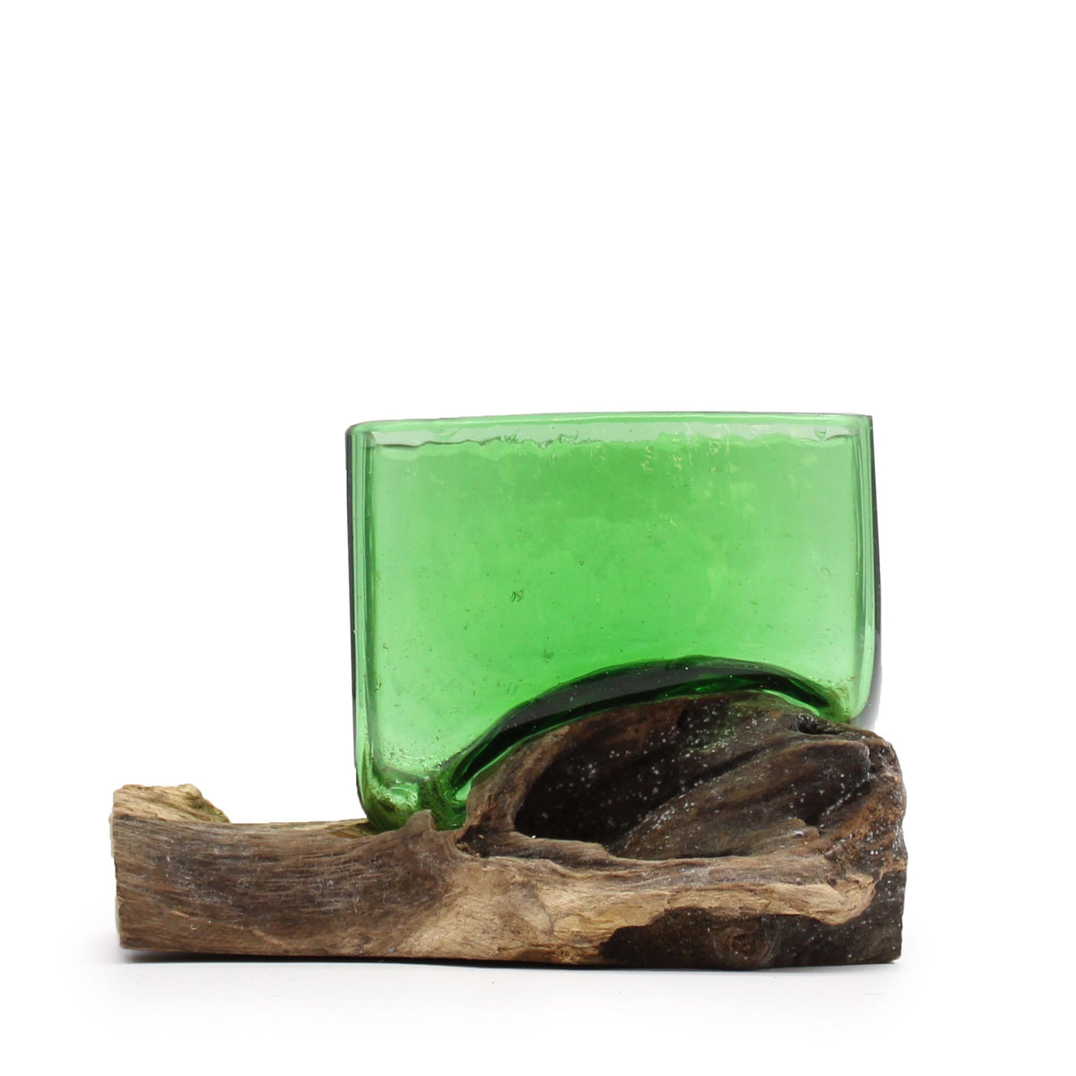 Recycled Beer Bottles, Square Bowl on Wood, green glass bowl shown from the side on a piece of wood