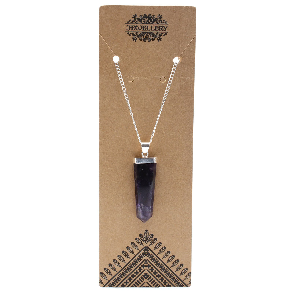 Gemstone Flat Pencil Pendant, Amethyst on a silver-coloured chain, displayed on a brown jewellery card