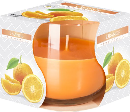 Scented Glass Jar Candle, Orange, an orange candle in clear glass shown with orange fruit packaging