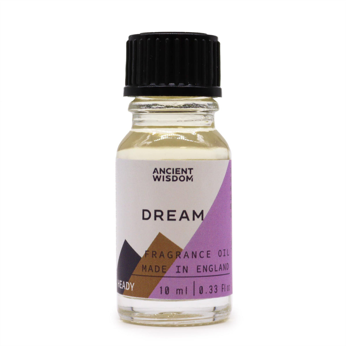 Dream fragrance oil bottle upright on a white background, showing its purple label and black cap