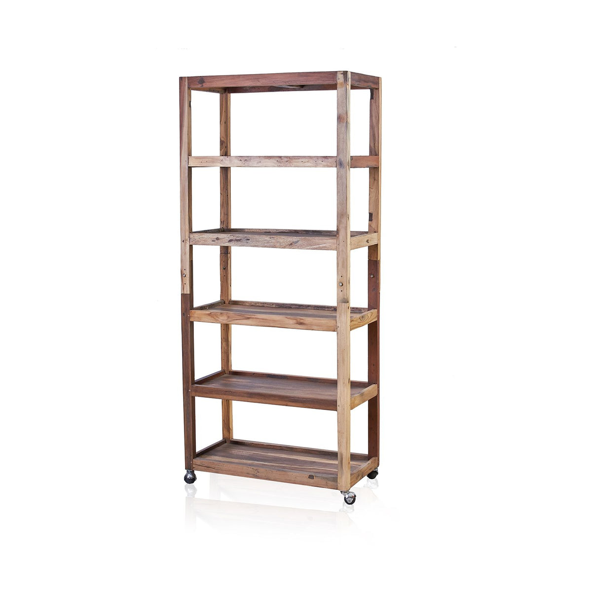Six Shelf Display with Casters, Recycled Wood, shown empty at an angle against a white background
