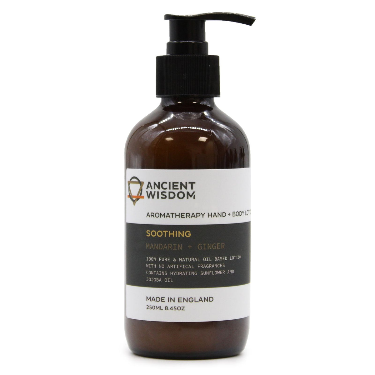 Mandarin & Ginger lotion in an amber bottle with a black pump, shown upright against a white background