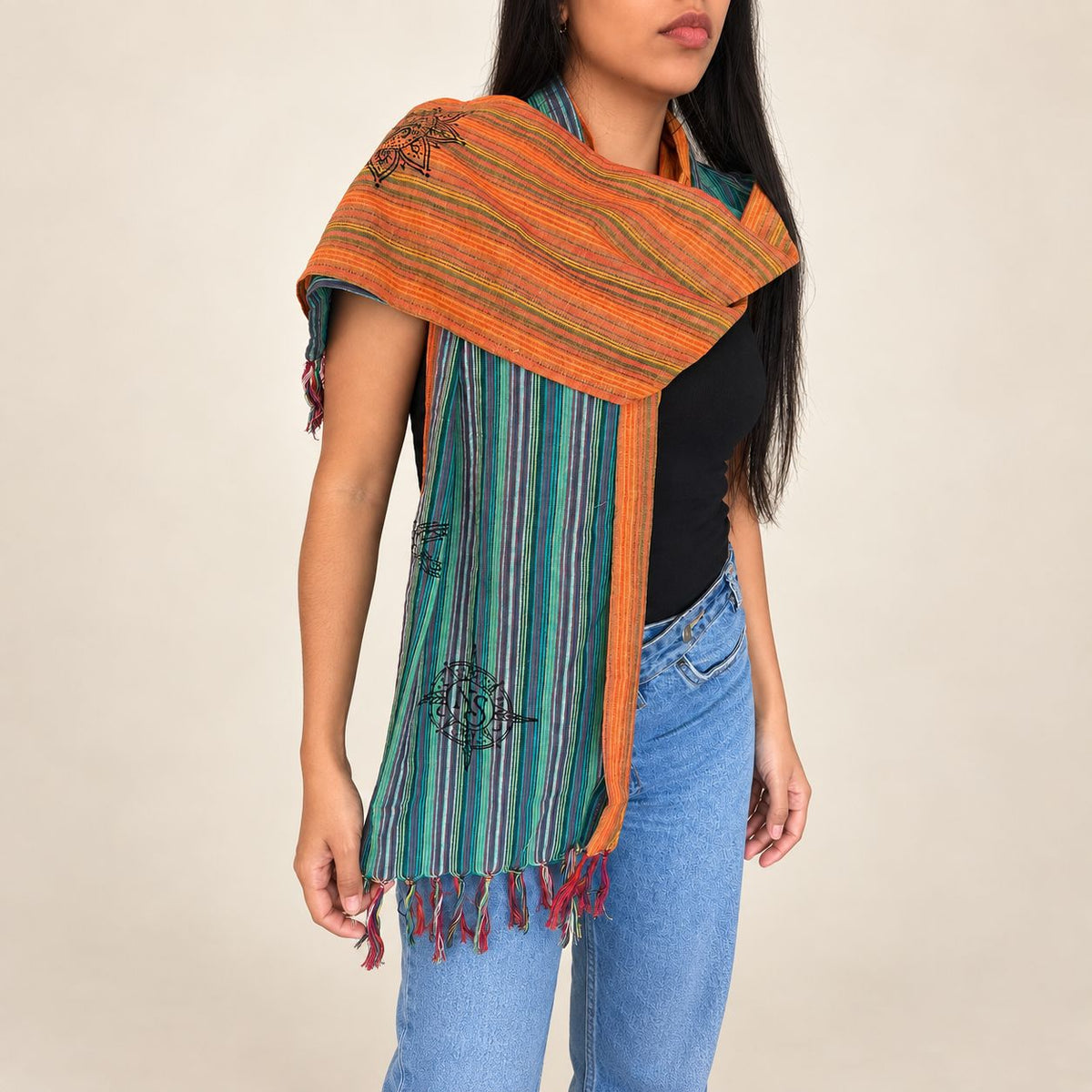 Pilgrim's Dawn scarf draped over the shoulders